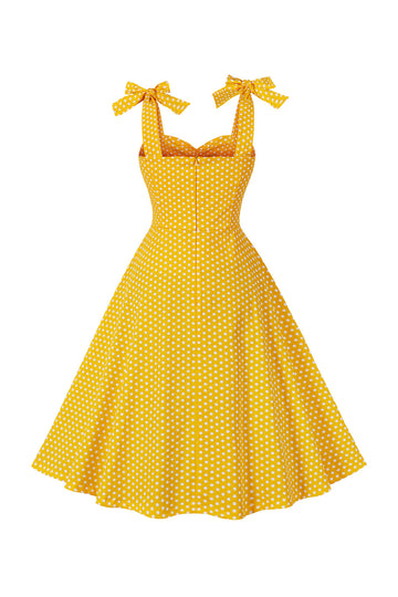 Amarelo Polka Dots Mangas Esparguete Correias Vestido Vintage